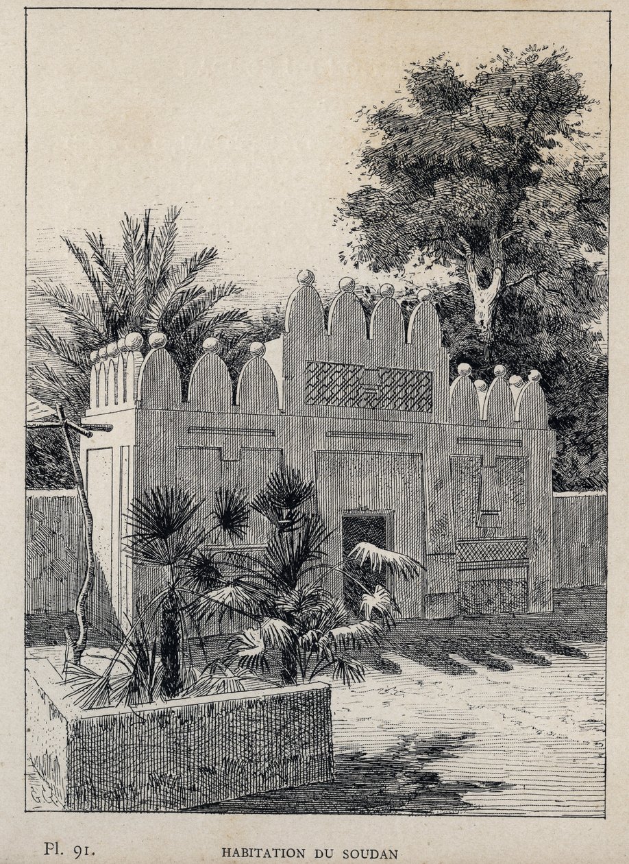 हैबिटेशन डू सूडान (सूडान) - मिस्टर चार्ल्स गार्नियर द्वारा "1889 की सार्वभौमिक प्रदर्शनी में मानव आवास का इतिहास" में 1889 का उत्कीर्णन - लाइब्रेरी सेंट्रेल डेस बीक्स-आर्ट्स पेरिस 1889 द्वारा अज्ञात कलाकार