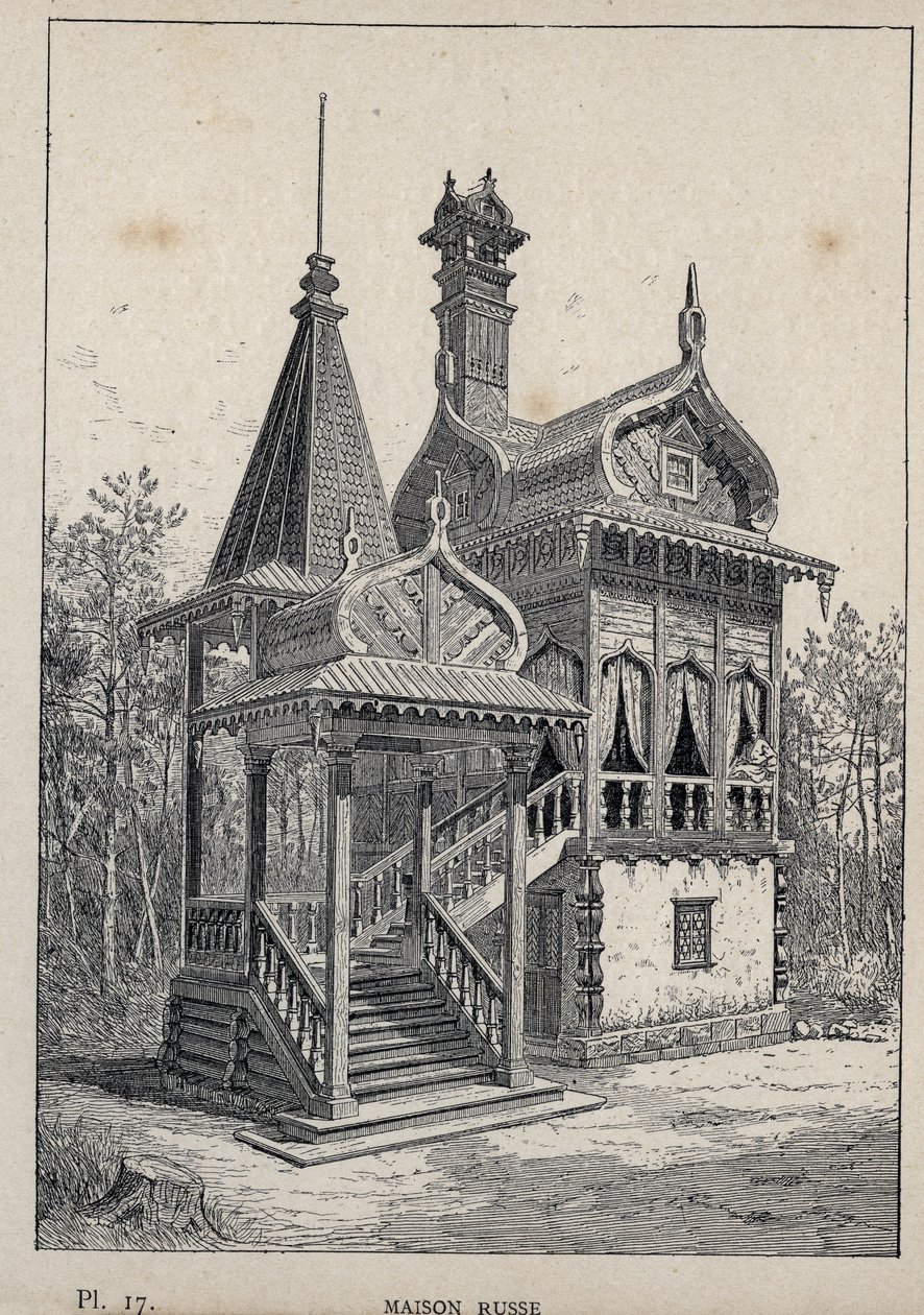 रूसी हाउस - रूसी हाउस - मिस्टर चार्ल्स गार्नियर द्वारा "1889 की सार्वभौमिक प्रदर्शनी में मानव निवास का इतिहास" में 1889 का उत्कीर्णन - ललित कला पेरिस का केंद्रीय पुस्तकालय 1889 द्वारा अज्ञात कलाकार