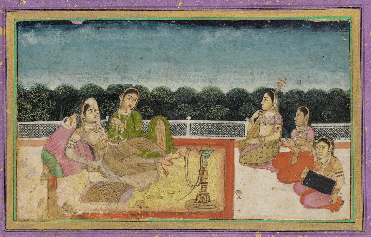 शाम के समय छत पर एक महिला और परिचर, तीन महिला संगीतकारों के साथ द्वारा अज्ञात कलाकार