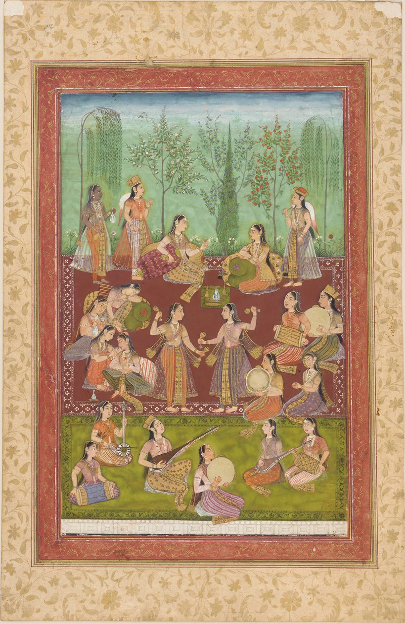 एक बगीचे में महिलाओं का एक समूह संगीत और नृत्य से अपना मनोरंजन कर रहा है द्वारा अज्ञात कलाकार