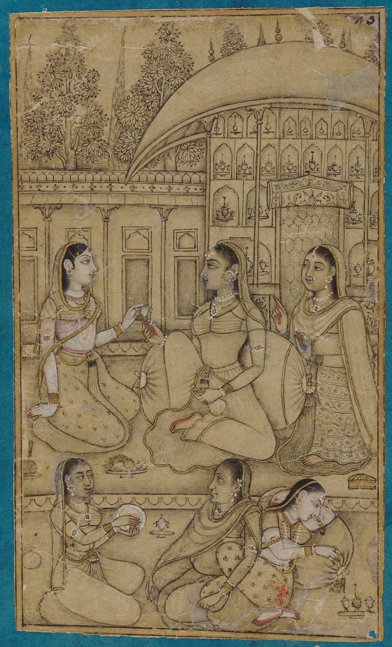 एक महिला और परिचारिकाएँ एक आँगन में बैठी हैं द्वारा अज्ञात कलाकार