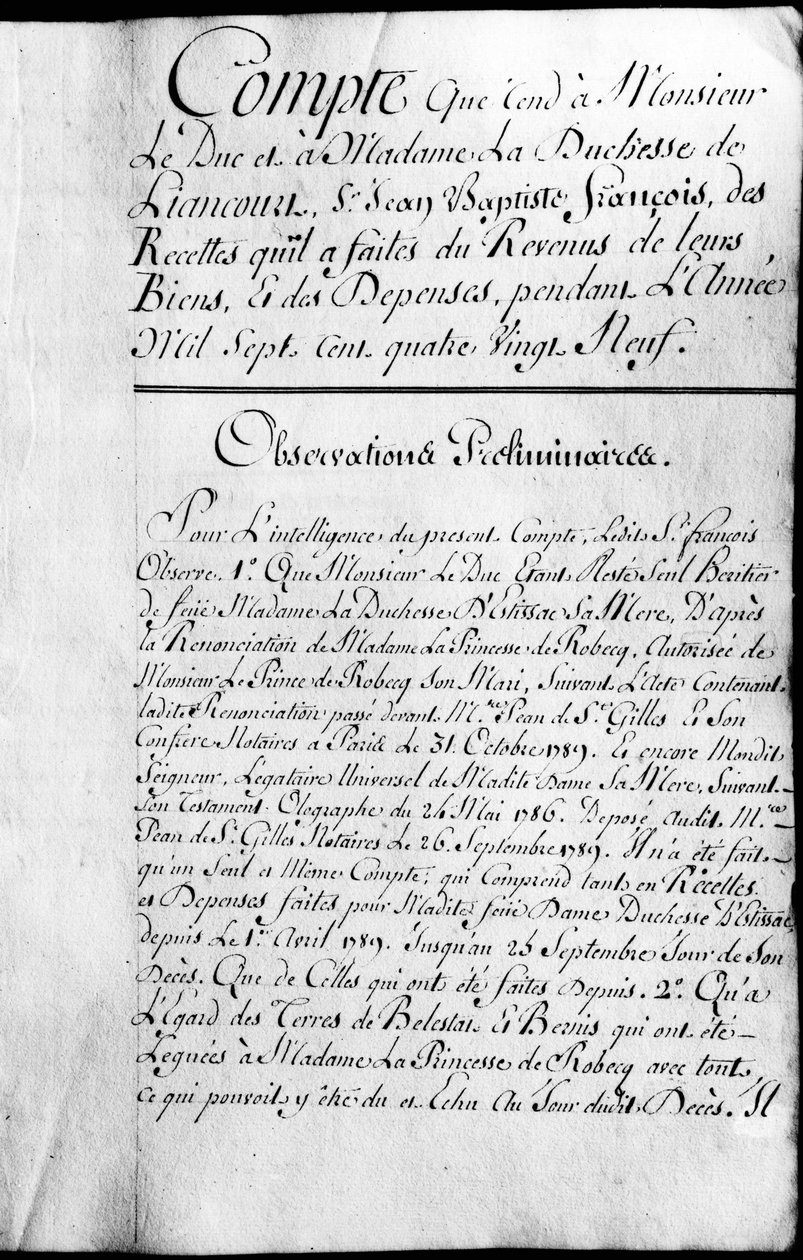 ड्यूक ऑफ रोशेफौकॉल्ड लियानकोर्ट की संपत्ति की वर्ष 1789 के लिए खाता बही। द्वारा अज्ञात कलाकार