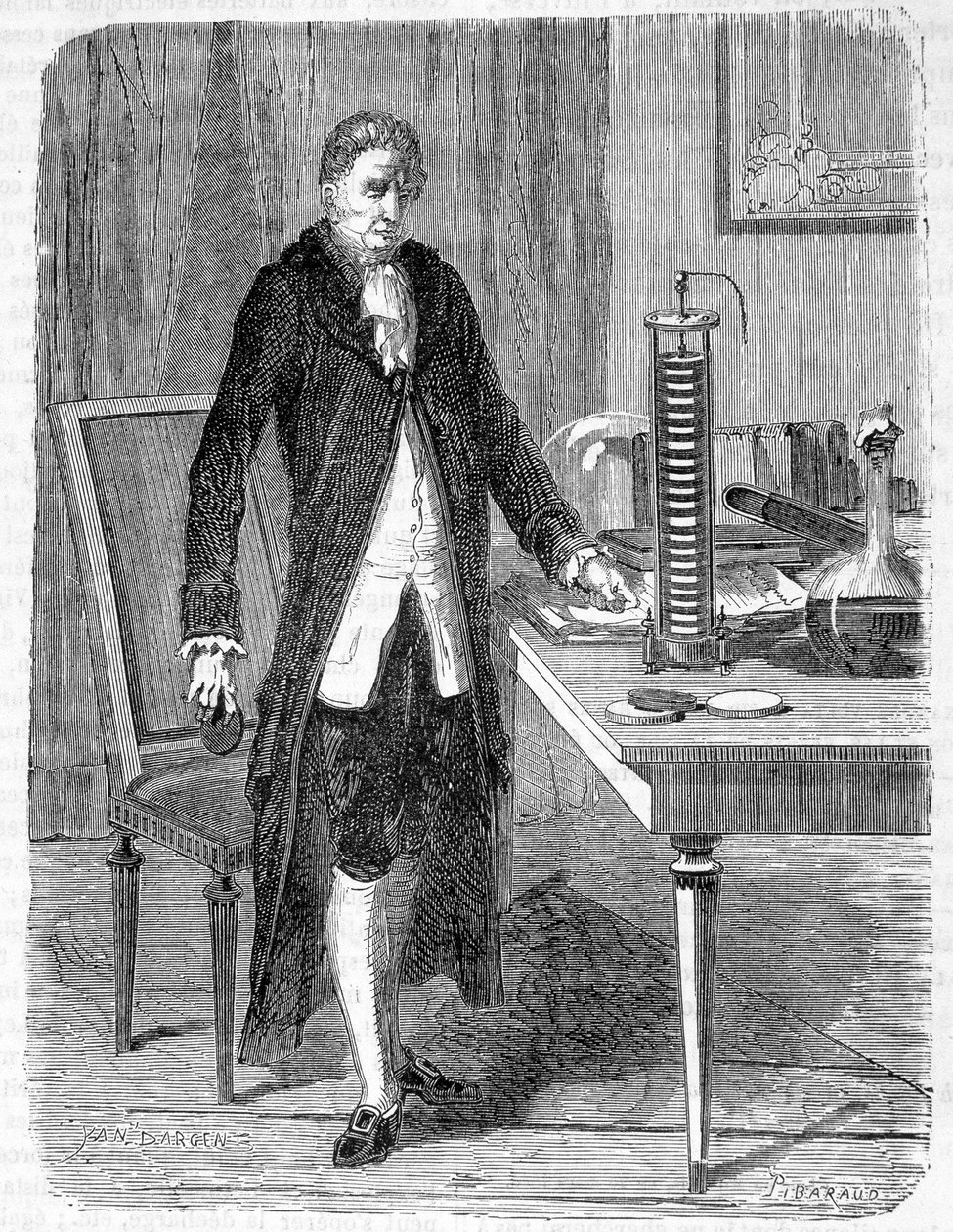 एलेसेंड्रो (अलेक्जेंड्रे) वोल्टा ने 1799 में इलेक्ट्रो-मोटर या इलेक्ट्रिक बैटरी का निर्माण किया - उत्कीर्णन द्वारा अज्ञात कलाकार