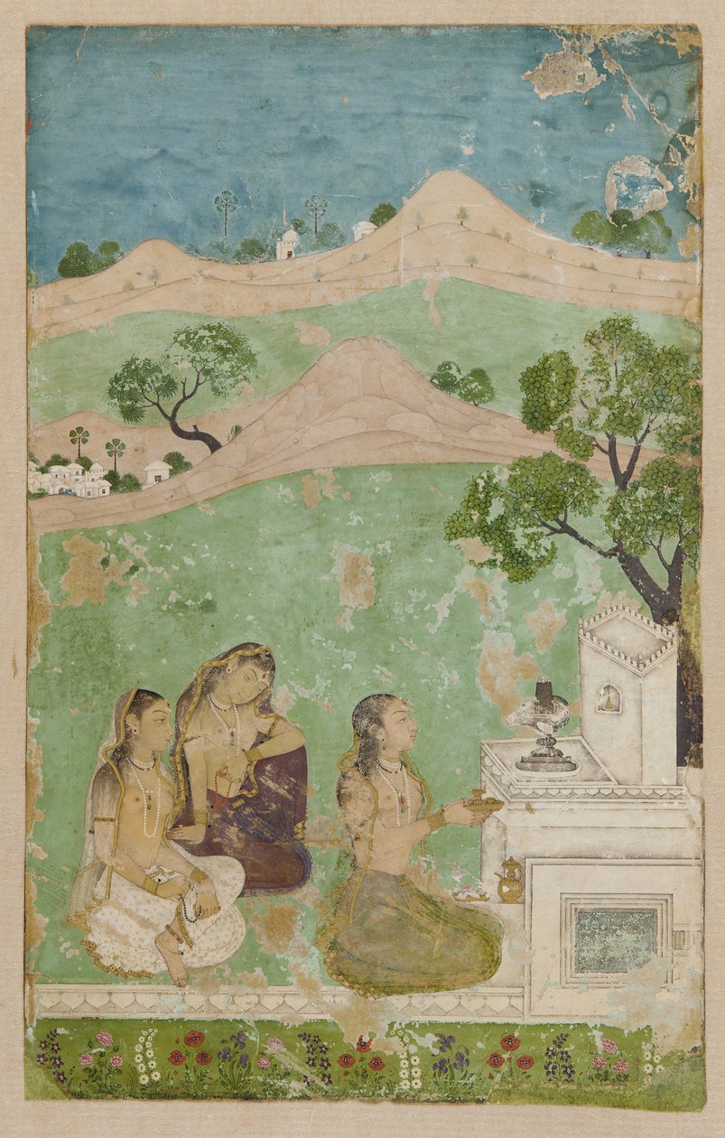 भैरवी रागिनी (एक संगीत विधा): एक मंदिर के सामने तीन आकृतियाँ द्वारा अज्ञात कलाकार