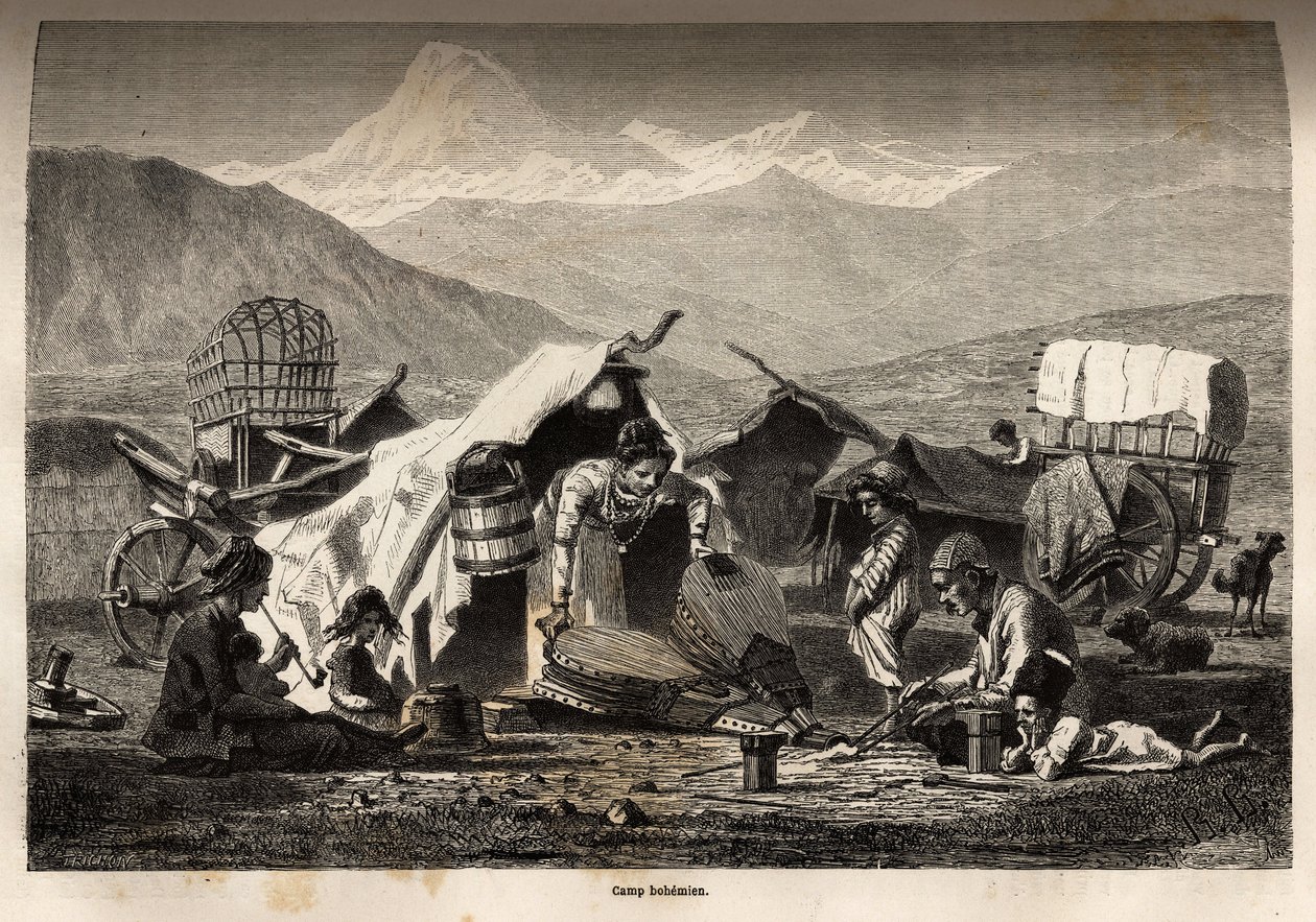 बोहेमियन शिविर। काकेशस के प्रांतों में यात्रा को चित्रित करने के लिए, 1864-1865 में बेसिल वेरेशैगुइन द्वारा, "ले टूर डू मोंडे, नोव्यू जर्नल डेस वॉयेज" में प्रकाशित, एडौर्ड चार्टन द्वारा संपादित द्वारा अज्ञात कलाकार
