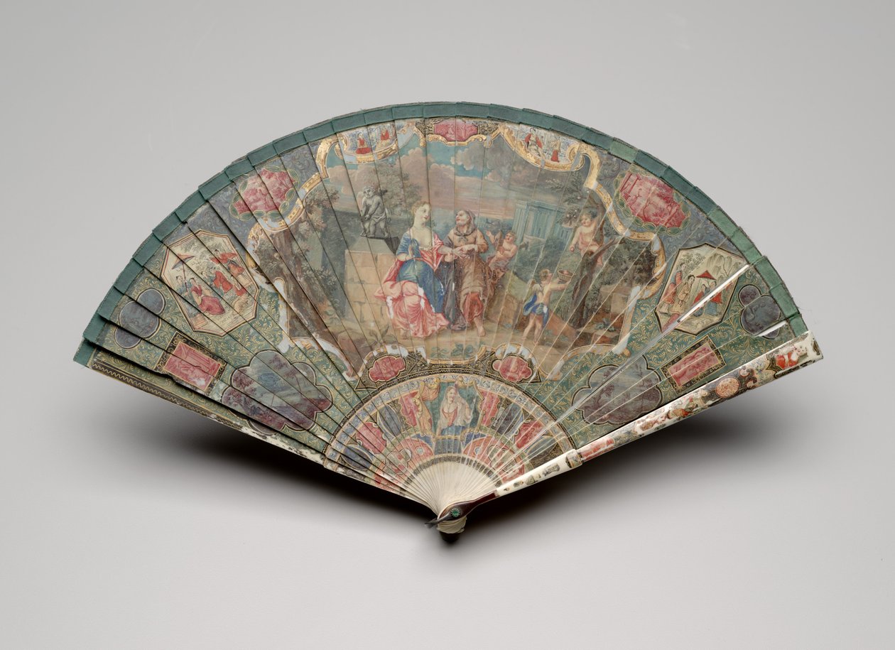 एक भाग्य टेलर और चिनोइसेरी रूपांकनों के साथ ब्रिस फैन, c.1700-25 (हाथीदांत ब्लेड, रेशम रिबन, कछुआ, पेस्ट रत्नों और पीतल के पाश पर गौचे) द्वारा अज्ञात कलाकार
