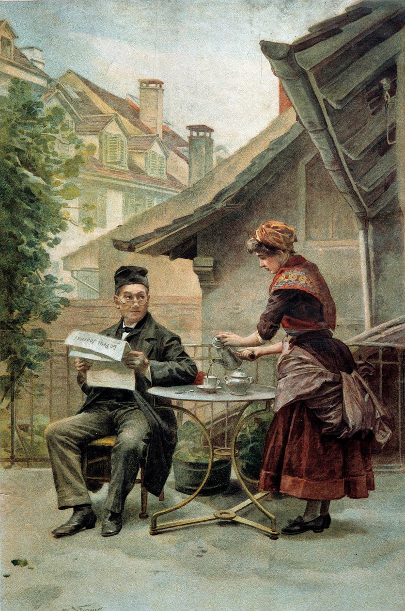 कॉफी का समय: एक बूढ़ा आदमी मेज पर बैठा है और "छोटा अखबार" पढ़ रहा है, एक नौकर द्वारा परोसा जाता है। 19 वीं शताब्दी का जल रंग। पेरिस, सजावटी कला द्वारा अज्ञात कलाकार