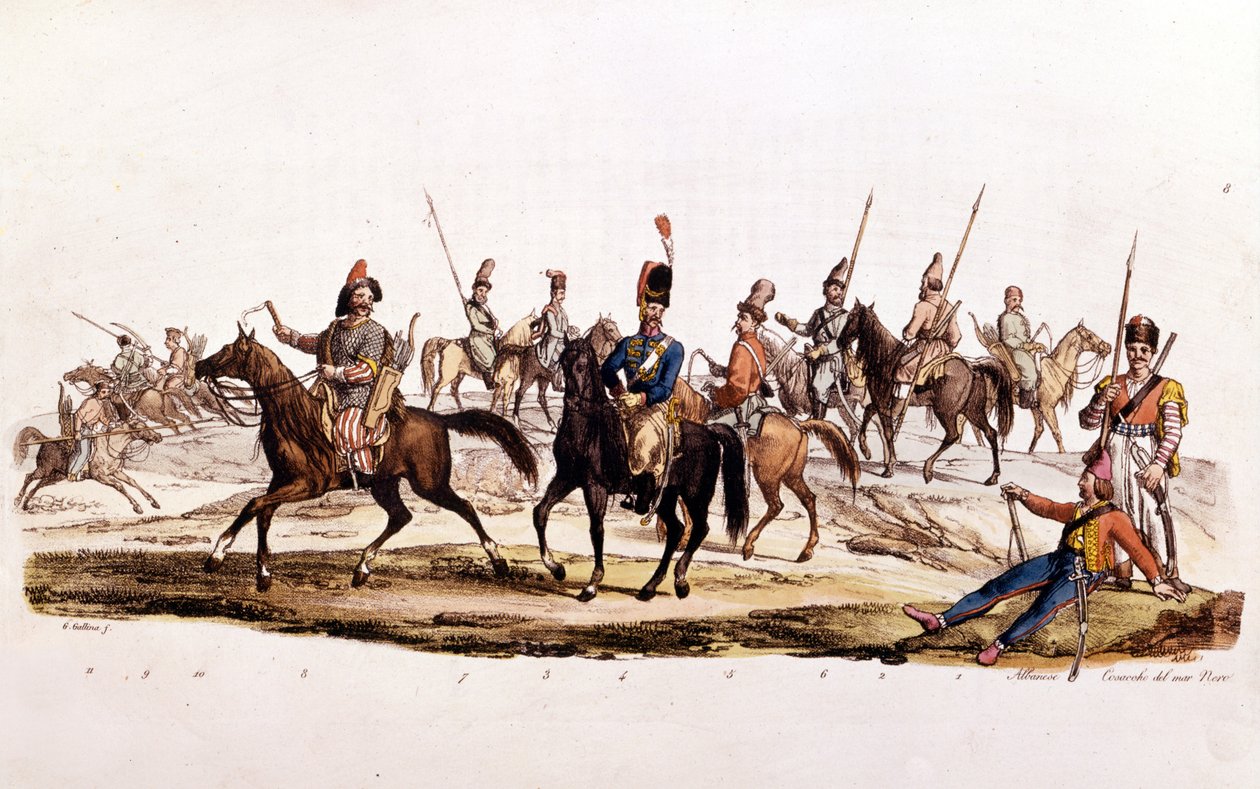 Cossacks: 1st 2 Cossacks 3rd Cossack of Don 4¡ आधिकारिक Cossacks of Don 5, Cossack Chernomowskij 6, Cossack of Ural 7, नियमित Cossack 8, Bashkir 9¡ और 10¡ Kalmouk द्वारा अज्ञात कलाकार