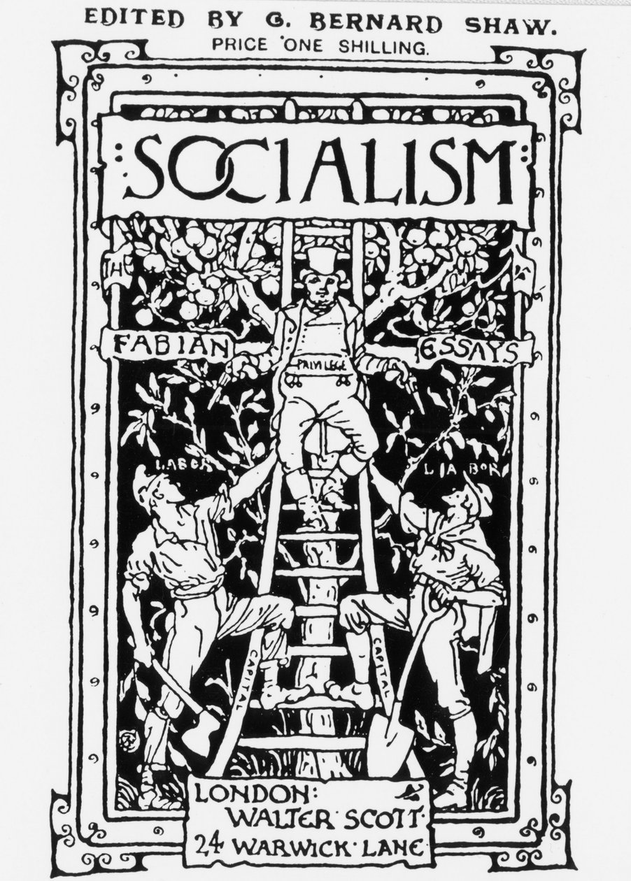 फैबियन सोसाइटी पत्रिका "समाजवाद" का कवर, जीबी शॉ द्वारा संपादित। रूपक पूंजी के प्रतीक पैमाने के शीर्ष पर विशेषाधिकार का प्रतिनिधित्व करता है और दो बंदूकों के साथ श्रमिकों की निगरानी करता है। उत्कीर्णन। द्वारा अज्ञात कलाकार