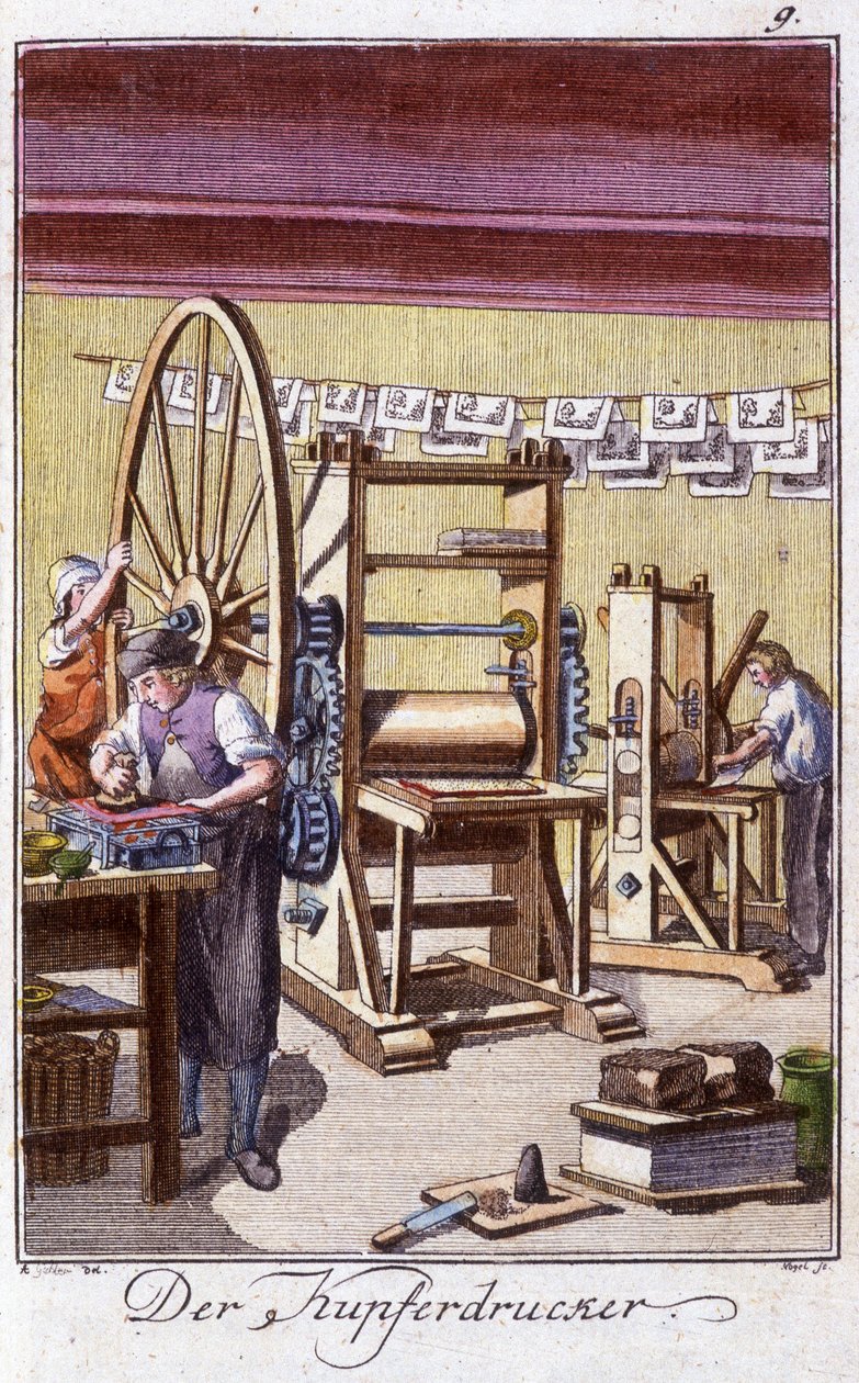 शिल्प शिल्प: उनकी कार्यशाला में तांबे की नक्काशी। जोहान पीटर वीर द्वारा "" युवा लोगों के लिए कला और शिल्प और कार्यशालाओं का व्यापक विवरण " में। ईडी। नूर्नबर्ग, वीगेल और श्नाइडर द्वारा अज्ञात कलाकार