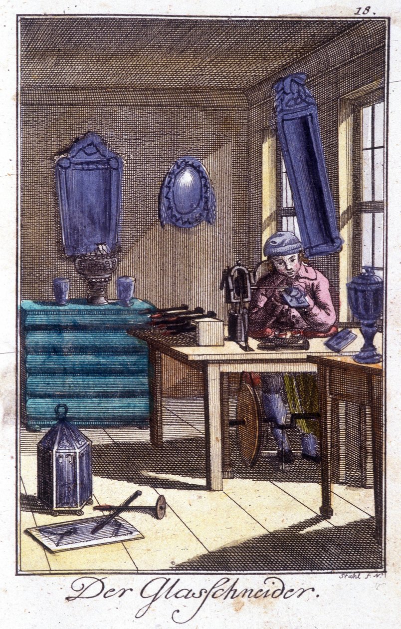 शिल्प शिल्प: उनकी कार्यशाला में क्रिस्टल निर्माता। जोहान पीटर वू द्वारा ""युवा लोगों के लिए कला और शिल्प और कार्यशालाओं का व्यापक विवरण" में। ईडी। नूर्नबर्ग, वीगेल और श्नाइडर द्वारा अज्ञात कलाकार