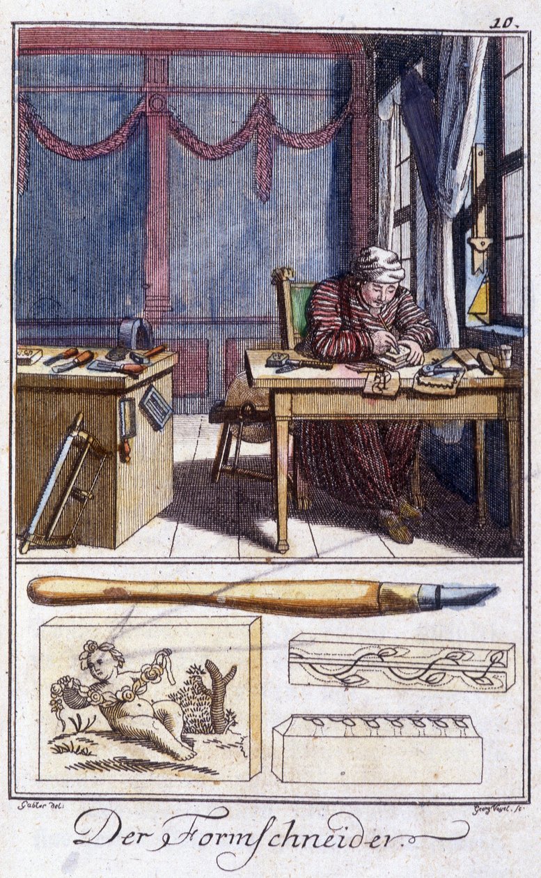 शिल्प शिल्प: उनकी कार्यशाला में काष्ठ उत्कीर्णन (और उनके काम करने वाले उपकरण)। जोहान पीटर वू द्वारा ""युवा लोगों के लिए कला और शिल्प और कार्यशालाओं का व्यापक विवरण" में। ईडी। नूर्नबर्ग, वीगेल और श्नाइडर द्वारा अज्ञात कलाकार