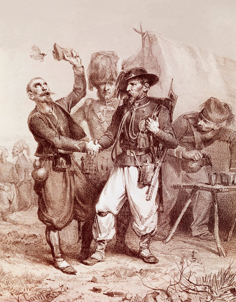 क्रीमियन युद्ध (1853-1856): रूस के खिलाफ फ्रांस, सार्डिनिया साम्राज्य और इंग्लैंड के बीच गठबंधन का रूपक। 1854 द्वारा अज्ञात कलाकार