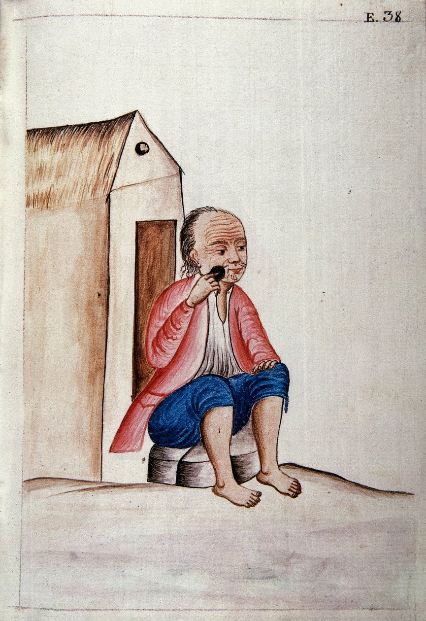 पेरू का दैनिक जीवन और रीति-रिवाज: "" भारतीय अपने दरवाजे पर दाढ़ी मुंडवाते हैं "" ट्रुजिलो के बिशप (1782-1785) बाल्टासर मार्टिनेज कम्पैनन वाई बजंडा द्वारा "" ट्रूजिलो डेल पेरू "" पुस्तक से लिया गया वॉटरकलर। 18 वीं शता द्वारा अज्ञात कलाकार