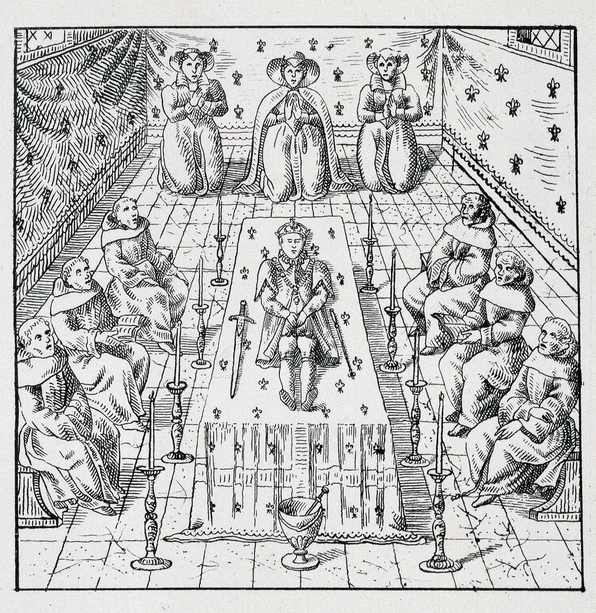 चार्ल्स IX की मृत्यु 30 मई 1574 को 24 वर्ष की आयु में - "" में 1562 से 1586 तक फ्रांस की आपदाओं का प्रतिनिधित्व करने वाले 39 आंकड़ों का संग्रह"" लुई पेरिन इंप्रिमरी द्वारा अज्ञात कलाकार