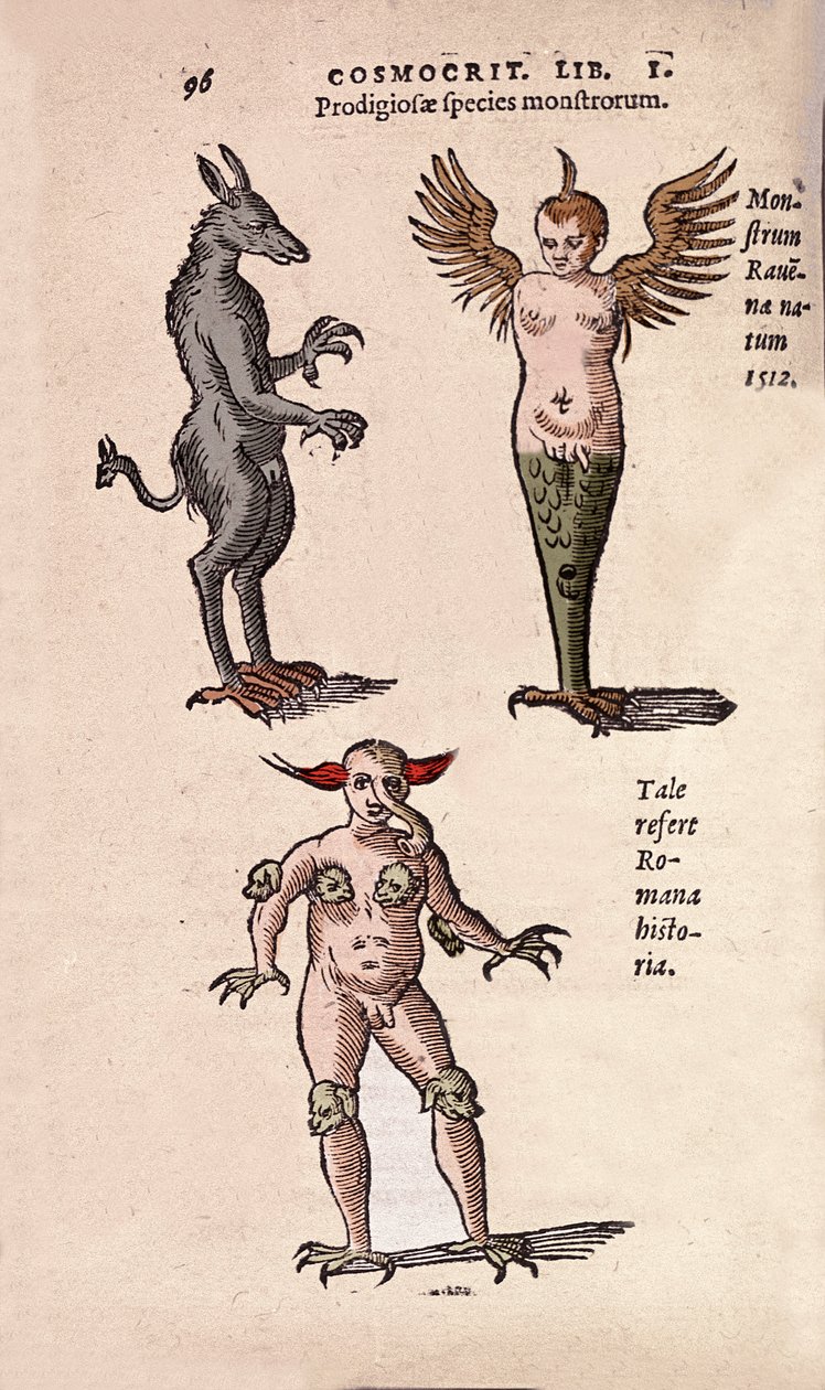 विभिन्न राक्षस और क्राको और रेवेना प्लेट के शानदार जीव "" डी नेचुरा डिविनी कैरेक्टरिज्मिस "" से लिए गए हैं द्वारा कॉर्नेलियो जेम्मा द्वारा अज्ञात कलाकार