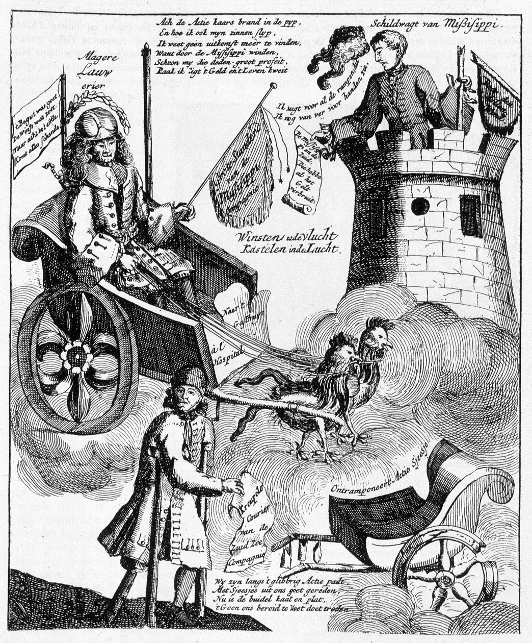 मिसिसिपी मामले पर जॉन लॉ (1671-1729) के खिलाफ डच व्यंग्य प्रिंट द्वारा अज्ञात कलाकार