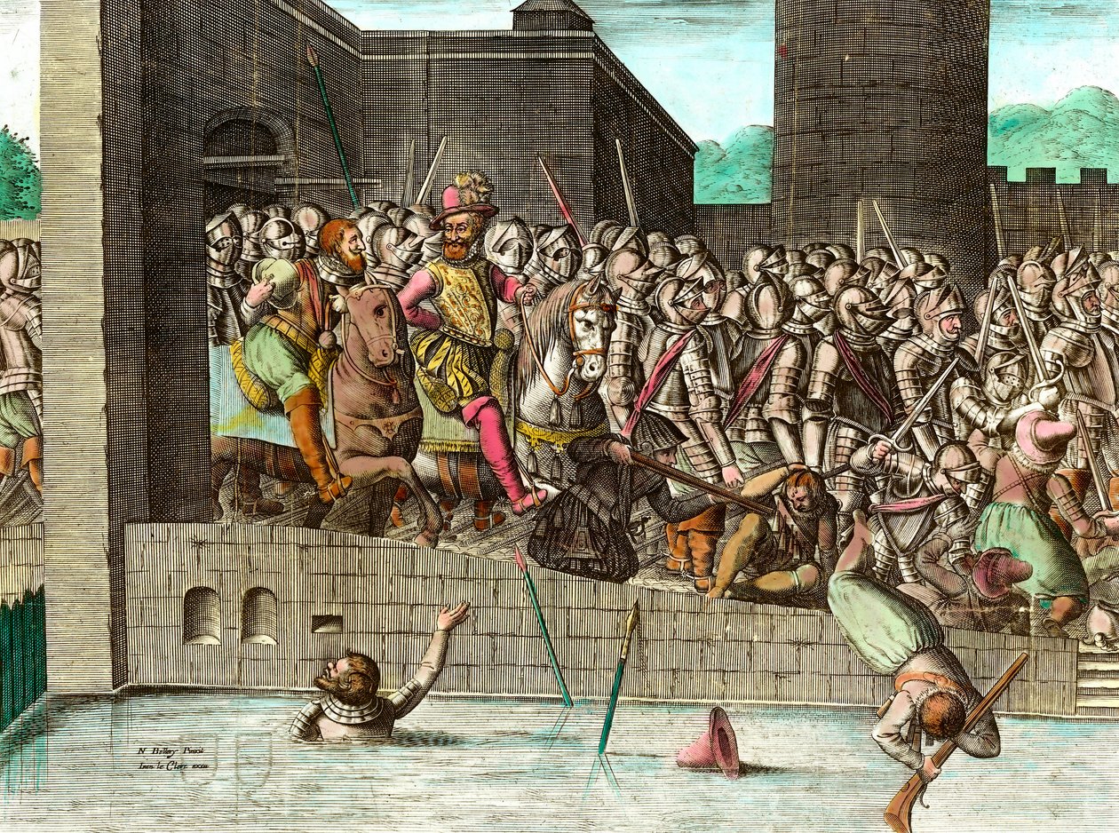 22 मार्च 1594 को राजा हेनरी चतुर्थ (1553-1610) द्वारा पेरिस में प्रवेश किया गया। 18वीं शताब्दी का उत्कीर्णन। कोल. चल दर। द्वारा अज्ञात कलाकार