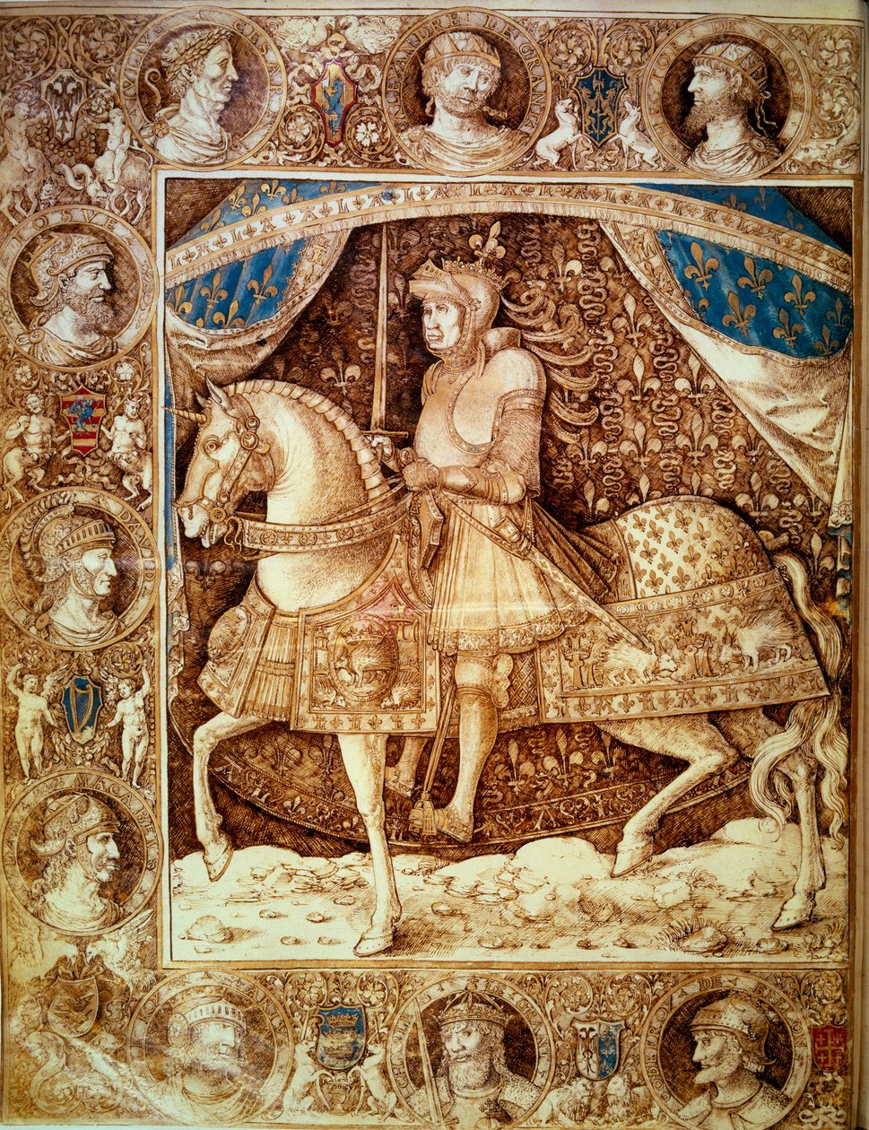 लुई XII (1462 - 1515), फ्रांस के राजा का घुड़सवारी चित्र। Enguerrand de Monstrlet (1390? -1453), v.1510 द्वारा "" क्रॉनिकल्स" में लघु, फोलियो 1v। पेरिस बीएन द्वारा अज्ञात कलाकार