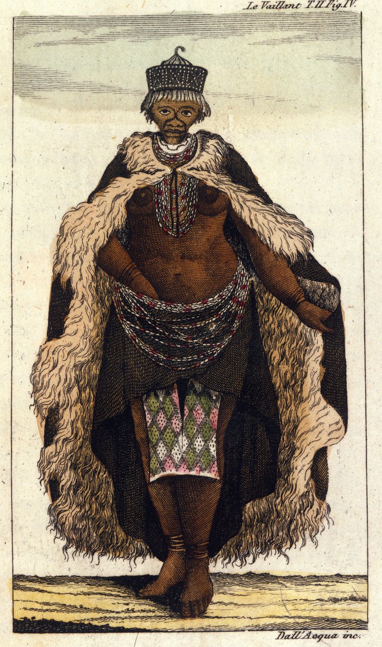 दक्षिण अफ़्रीकी जनजाति हॉटनटॉट्स की महिला सदस्य, 1820 की उत्कीर्णन। द्वारा अज्ञात कलाकार