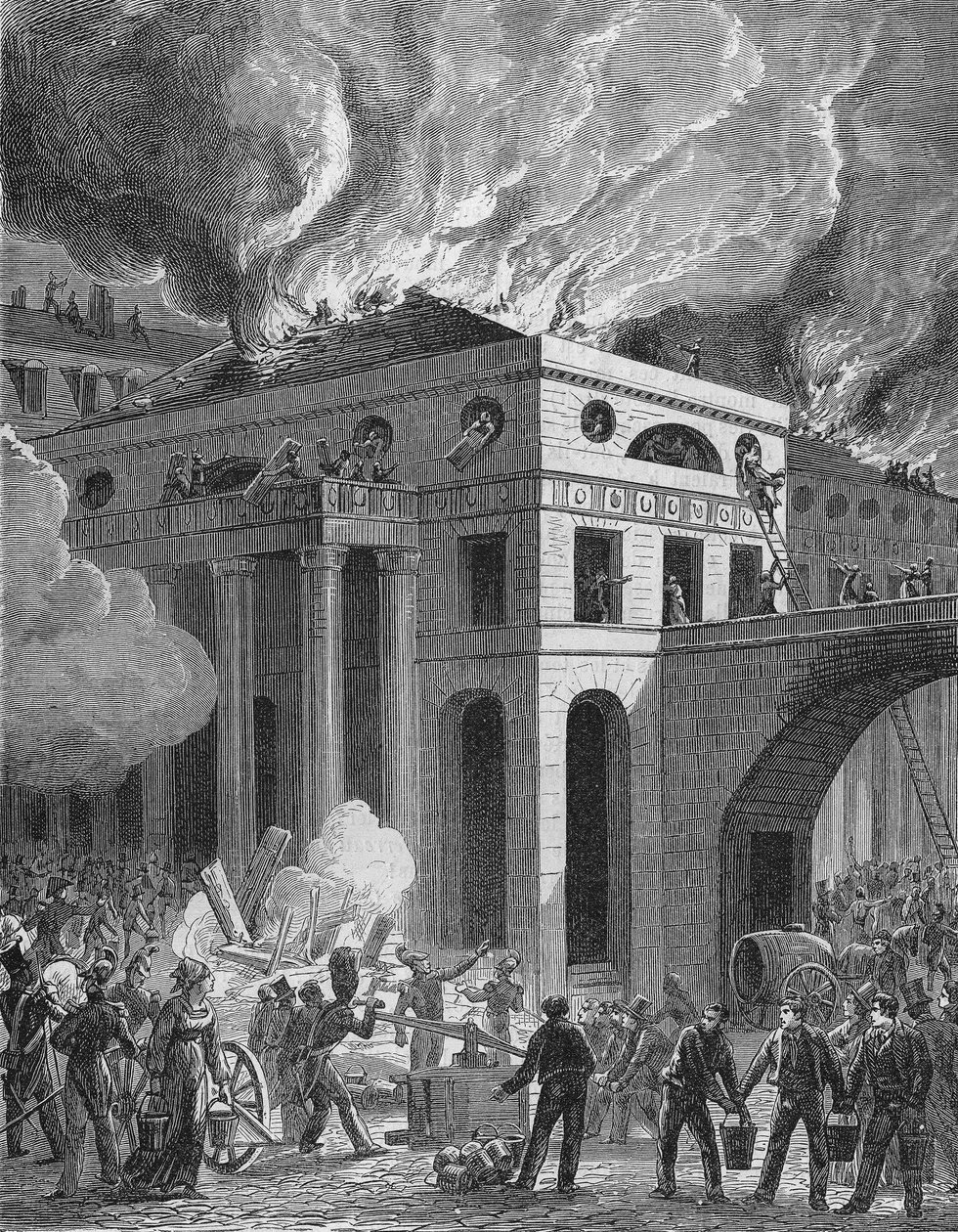 1820 में पेरिस में ओडियन के थिएटर की आग/ द्वारा अज्ञात कलाकार