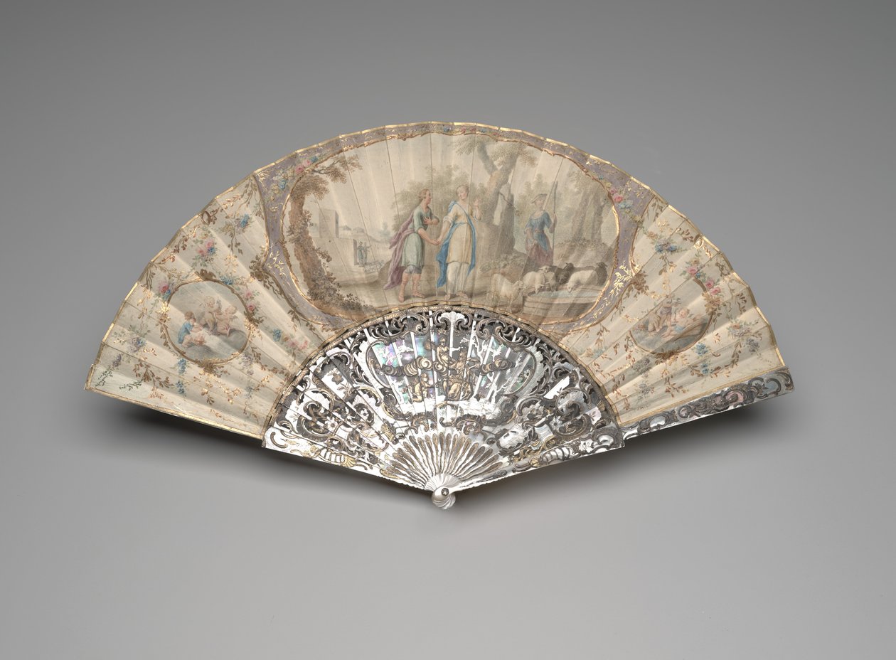 जैकब के साथ फोल्डिंग पंखा, रेचेल वेल से, c.1760s-70s (एकल चर्मपत्र पत्ती पर गौचे और वॉटरकलर, मदर-ऑफ-पर्ल, गिल्डिंग और पेस्ट रत्नों) द्वारा अज्ञात कलाकार