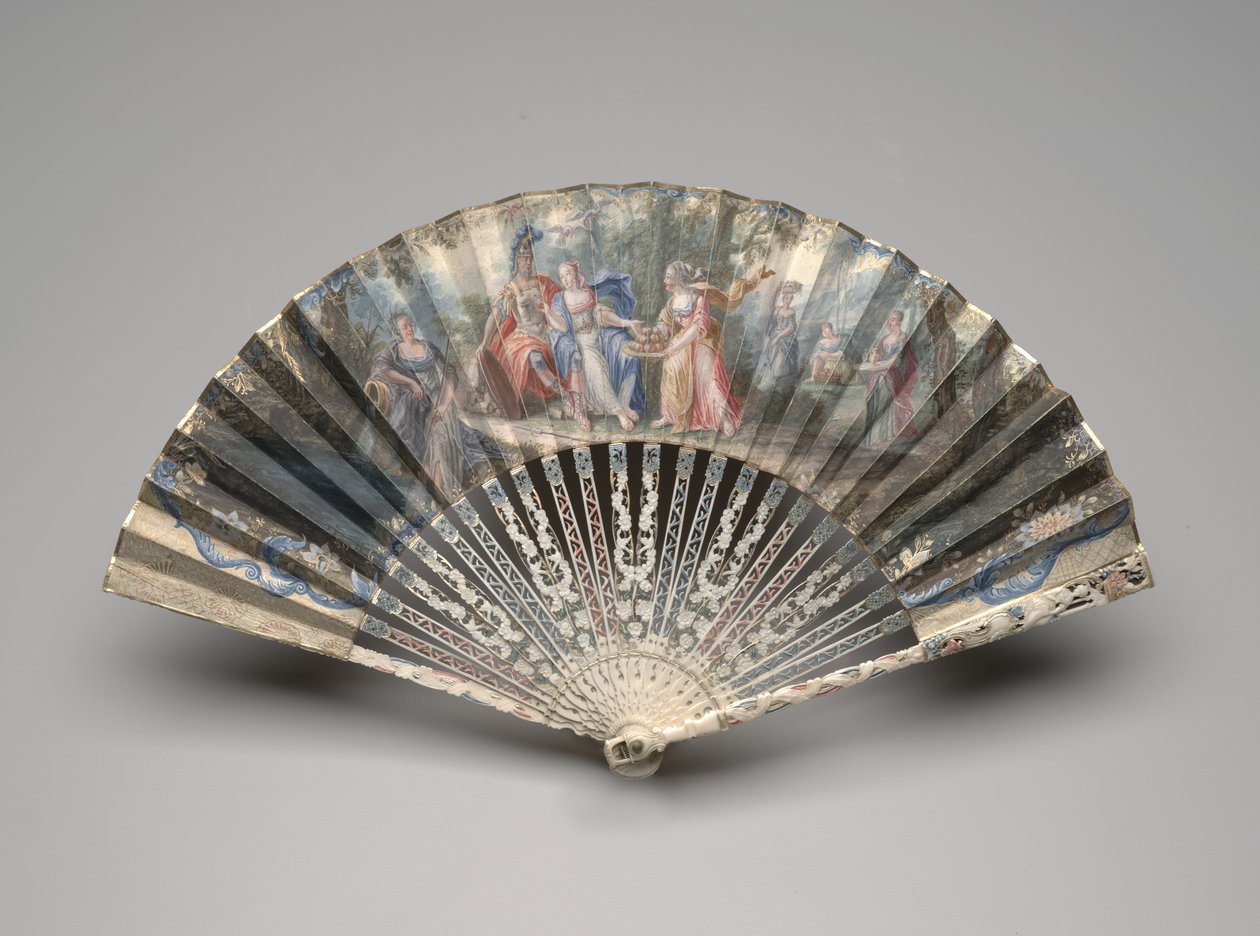 एक शास्त्रीय विषय के साथ तह प्रशंसक, संभवतः विवाह का एक रूपक, c.1750s-60s (एकल मखमली पत्ती पर गाउचे, हाथी दांत, गिल्डिंग, गऊचे और पीतल) द्वारा अज्ञात कलाकार