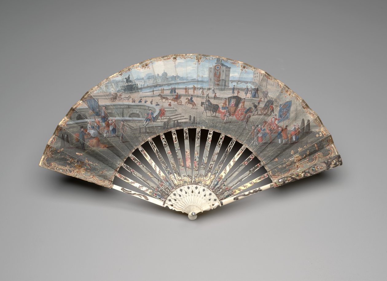 पोंट नेफ के दृश्य के साथ तह पंखा, c.1755-60 (डबल वेल्लम लीफ, हाथी दांत, गिल्डिंग, गौचे, मदर-ऑफ-पर्ल और पेस्ट रत्नों पर gouache & watercolor) द्वारा अज्ञात कलाकार