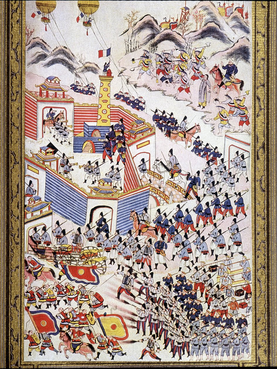 अगस्त 1884 में टोंकिन में हांग होआ के कब्जे में फ्रांसीसी बंदी गुब्बारे। द्वारा अज्ञात कलाकार
