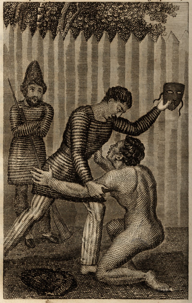 शुक्रवार को रॉबिन्सन क्रूसो की बाहों में फेंक दिया गया है, डैनियल डेफे द्वारा "लेस एवेंट्रीज डे रॉबिन्सन क्रूसो" में उकेरा गया है। द्वारा अज्ञात कलाकार