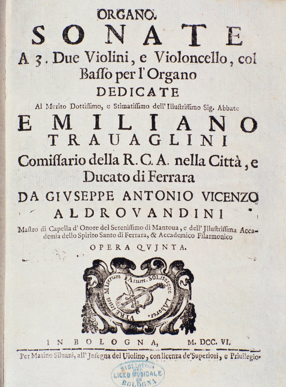 2 वायलिन, सेलो और ऑर्गन के लिए "सोनाटा" के संगीत स्कोर का फ्रंटस्पाईज। 5 "" Giuseppe Aldrovandini द्वारा द्वारा अज्ञात कलाकार