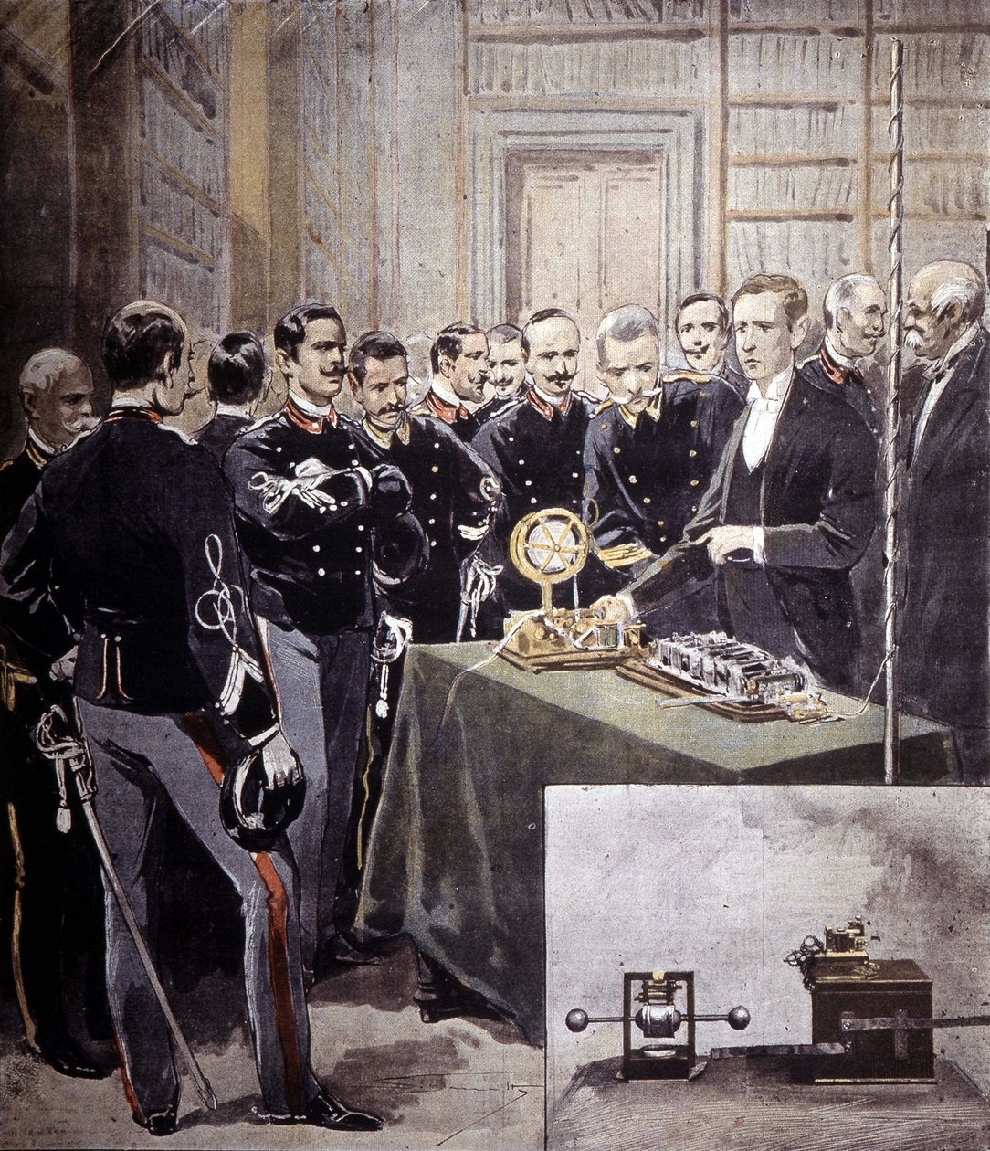 गुग्लिल्मो मार्कोनी ने 1897 में नौसेना मंत्रालय में एक सम्मेलन में वायरलेस टेलीग्राफ (TSF) प्रस्तुत किया। द्वारा अज्ञात कलाकार