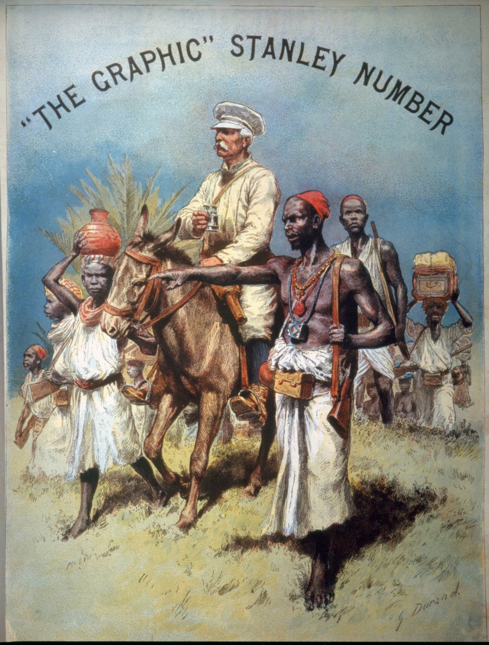 अपने एक अभियान के दौरान अन्वेषक और पत्रकार हेनरी मॉर्टन स्टेनली (1841-1904) का चित्रण करते हुए चित्रण। क्रोमोलिथोग्राफी। द्वारा अज्ञात कलाकार