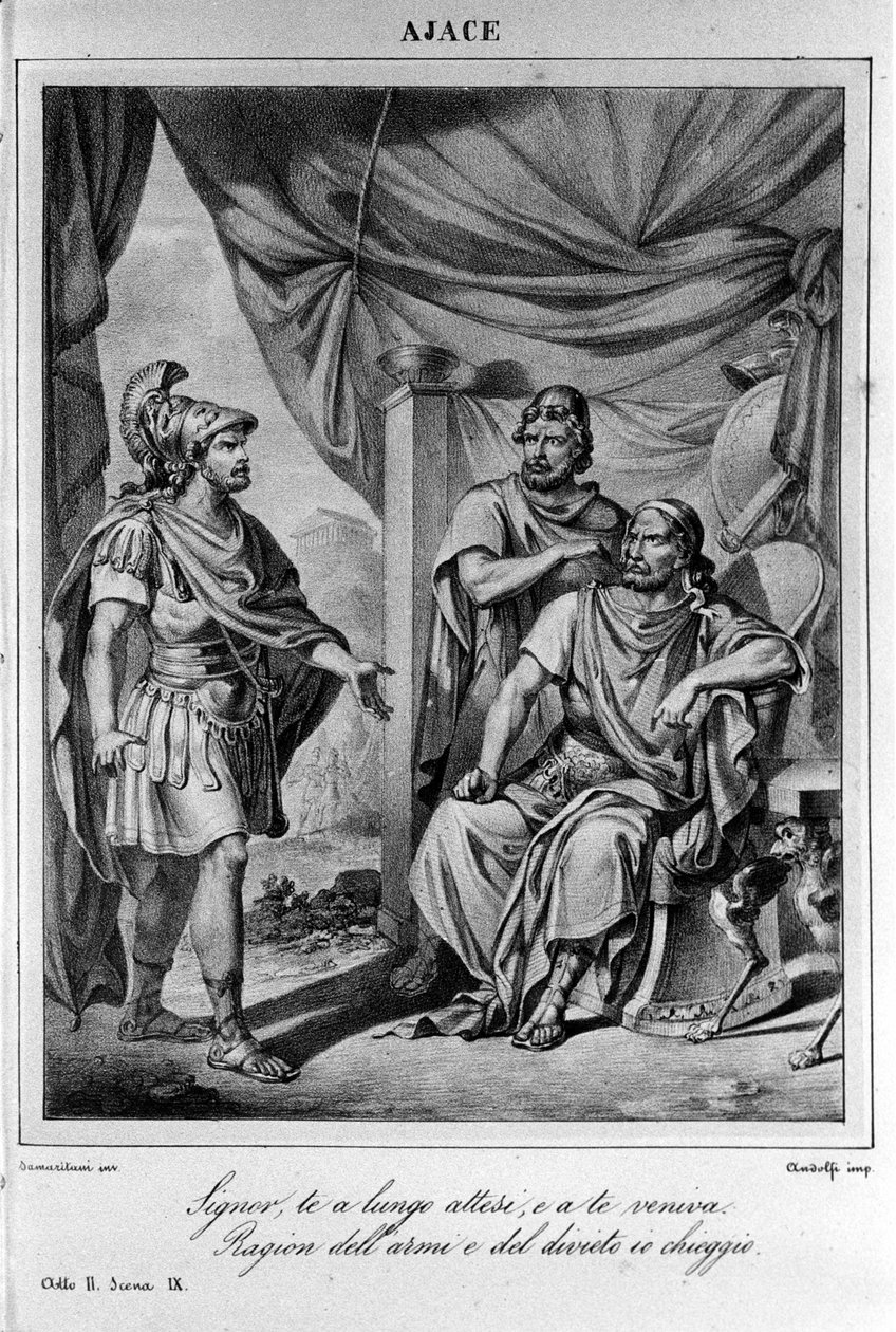 इतालवी कवि और नाटककार यूगो फोस्कोलो (1778-1827) 19वीं सदी द्वारा "" अजाक्स"" (आइएस) के अधिनियम II के दृश्य 9 के लिए चित्रण द्वारा अज्ञात कलाकार