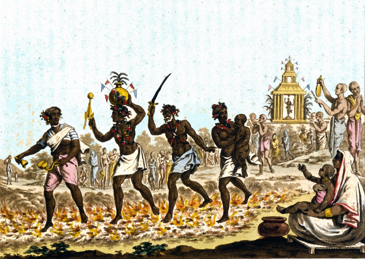 इंडिया। गरमागरम अंगारों पर चलते हुए फकीर। 19वीं सदी की नक्काशी। द्वारा अज्ञात कलाकार