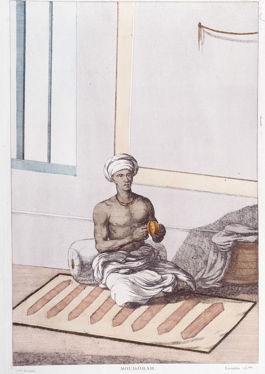 भारतीय संस्कृति, सभ्यता और समाज: पारंपरिक भारतीय ताल के साथ संगीतकार। 1808 से उत्कीर्णन। द्वारा अज्ञात कलाकार