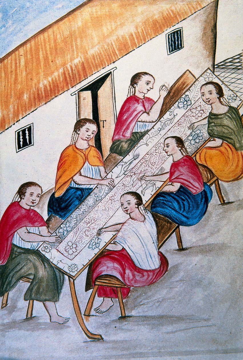 ट्रुजिलो के बिशप (1782-1785) बाल्टाज़ार मार्टिनेज कॉम्पैनोन वाई बुजांडा द्वारा "ट्रूजिलो डेल पेरू" या "कोडिस मार्टिनेज कॉम्पैनोन" पुस्तक से सिलाई करते हुए भारतीय श्रमिक द्वारा अज्ञात कलाकार