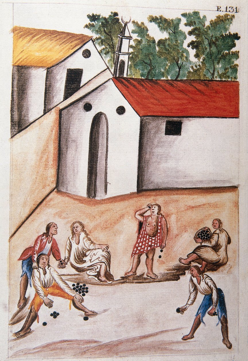 ट्रुजिलो के बिशप (1782-1785) बाल्टाज़र मार्टिनेज कॉम्पैनोन वाई बुजांडा की पुस्तक "ट्रूजिलो डेल पेरू" या "कोडिस मार्टिनेज कॉम्पैनोन" से चोलक का खेल खेल रहे भारतीय द्वारा अज्ञात कलाकार