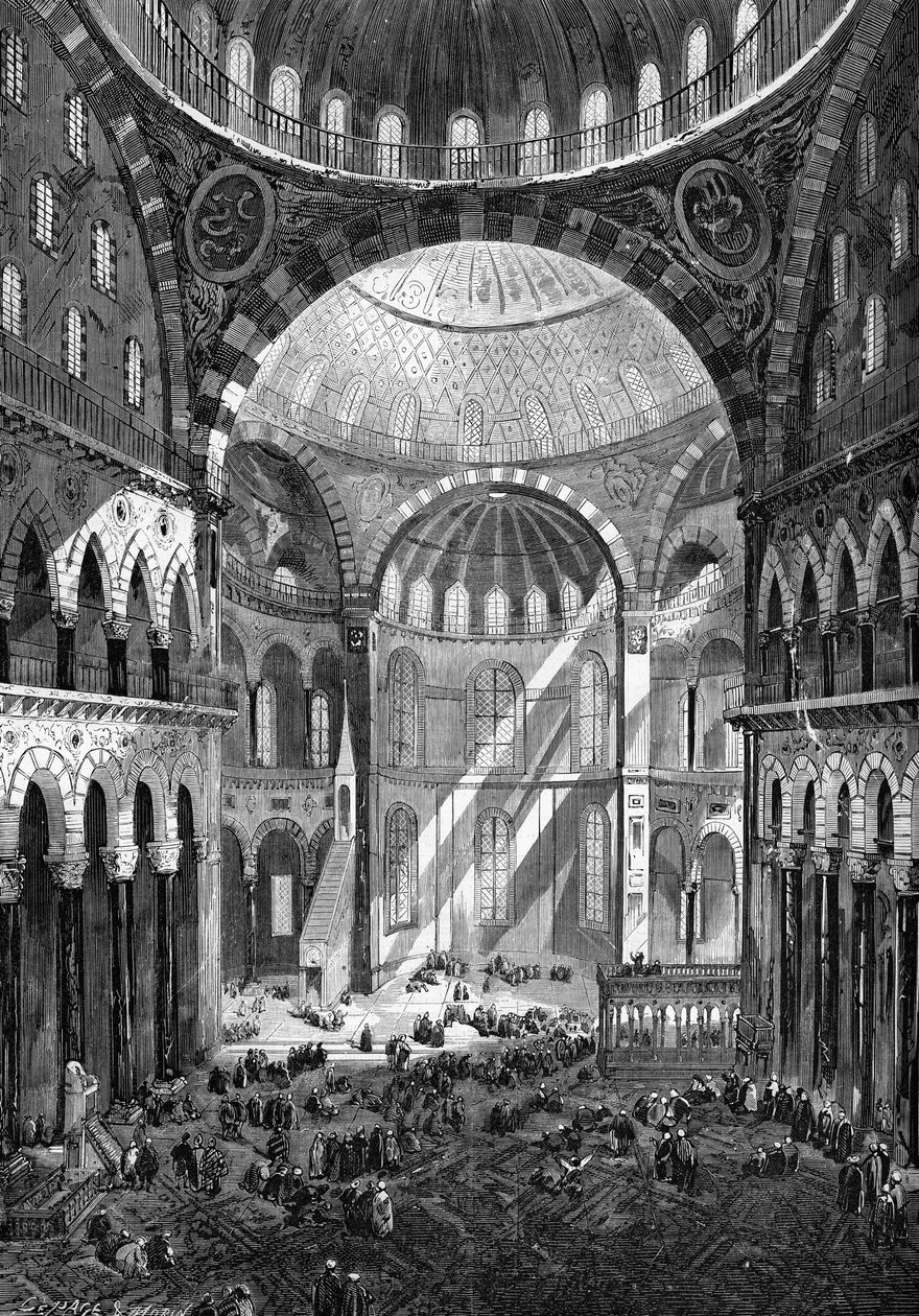 1858 में कॉन्स्टेंटिनोपल में सेंट सोफिया (हागिया सोफिया) (6 वीं शताब्दी की बीजान्टिन कला) की मस्जिद का आंतरिक दृश्य। द्वारा अज्ञात कलाकार