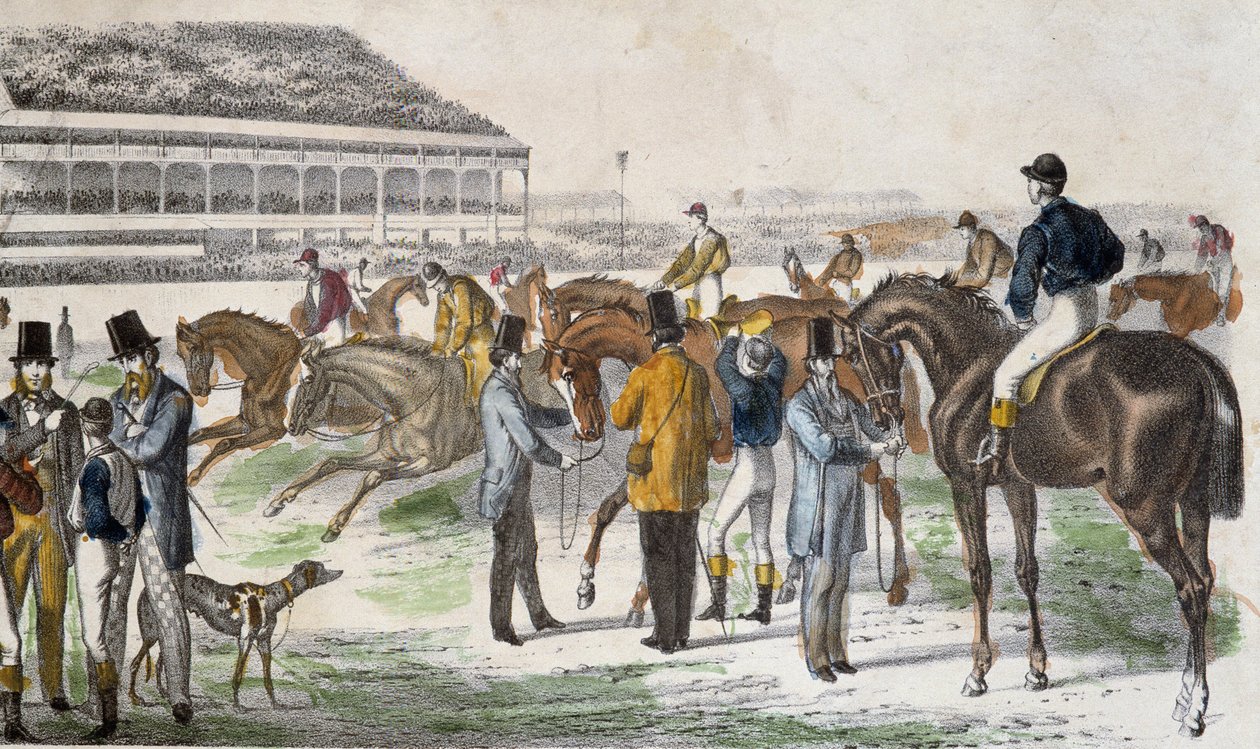 दौड़ से पहले जॉकी और उनके घोड़े - उत्कीर्णन, c. 1850 द्वारा अज्ञात कलाकार