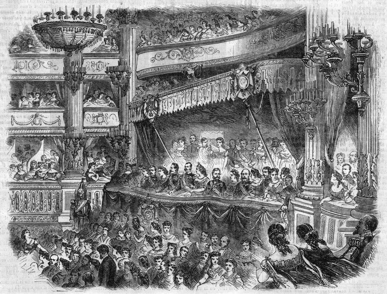 रूसी सम्राट अलेक्जेंडर II (1818-1881) की पेरिस यात्रा: ओपेरा गार्नियर में गाला प्रस्तुति। "" ल 'विश्वविद्यालयों के शानदार" में उत्कीर्णन द्वारा अज्ञात कलाकार