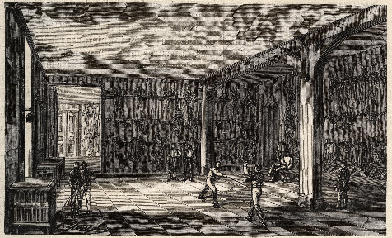 1873 में पेरिस में ल'इकोले पॉलीटेक्निक - ला सैले डी'फेंसिंग - 1873 से "ले मोंडे इलस्ट्रियस" में उत्कीर्णन द्वारा अज्ञात कलाकार