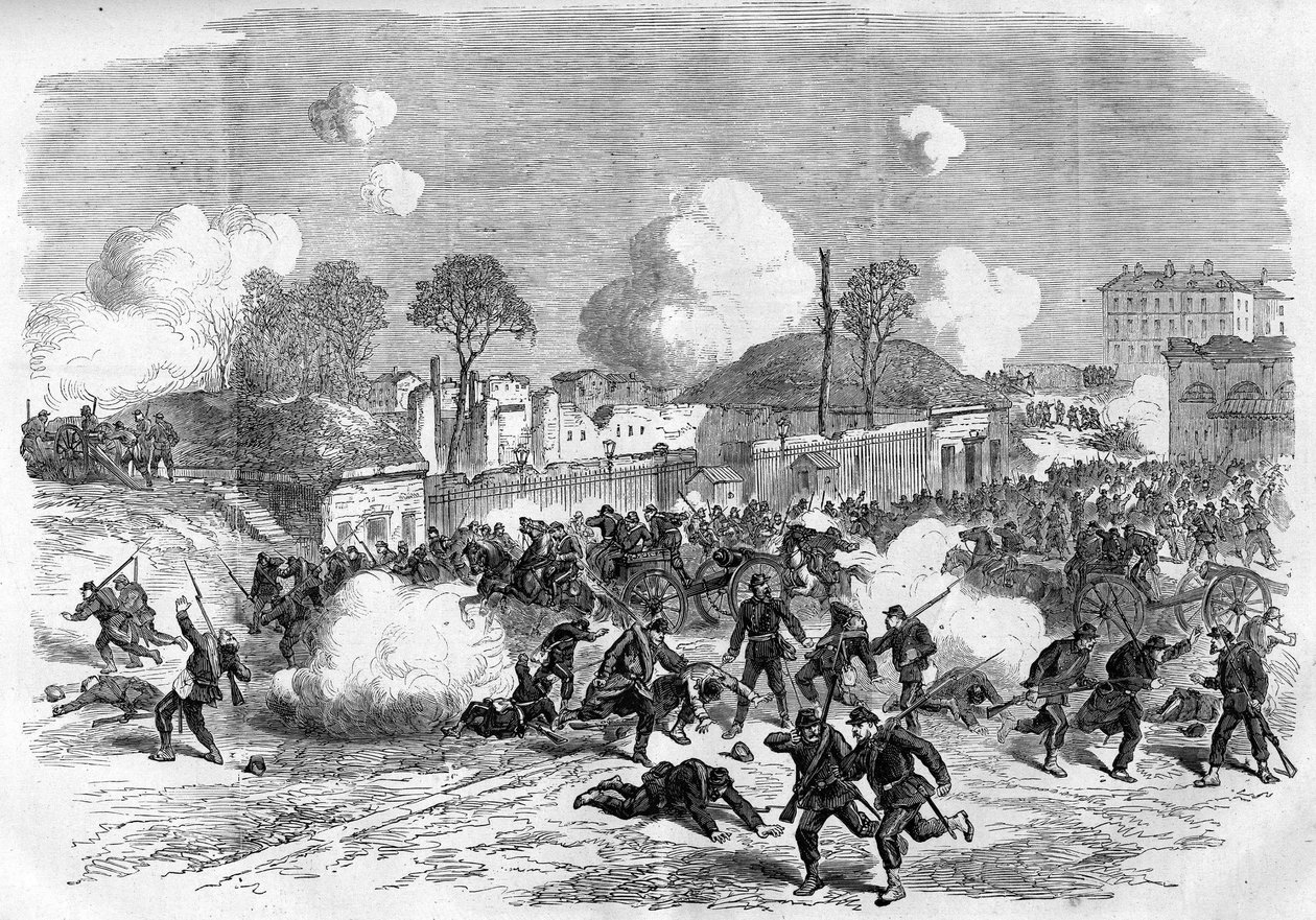 1871 में पेरिस का कम्यून। संघों (कम्युनर्ड्स) द्वारा पोर्टे माइलॉट की रक्षा। द्वारा अज्ञात कलाकार