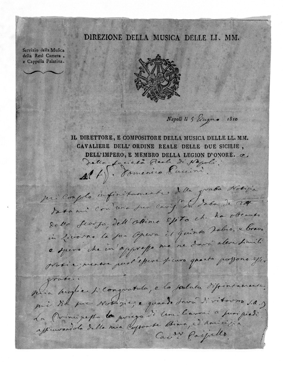 Giovanni Paisiello (या Paeseello या Paesieillo) (1740-1816) से पत्र, डोमेनिको पुकिनी में इतालवी संगीतकार, Giacomo Puccini के दादा। 1810. मिलन ला स्काला थिएटर संग्रहालय। द्वारा अज्ञात कलाकार