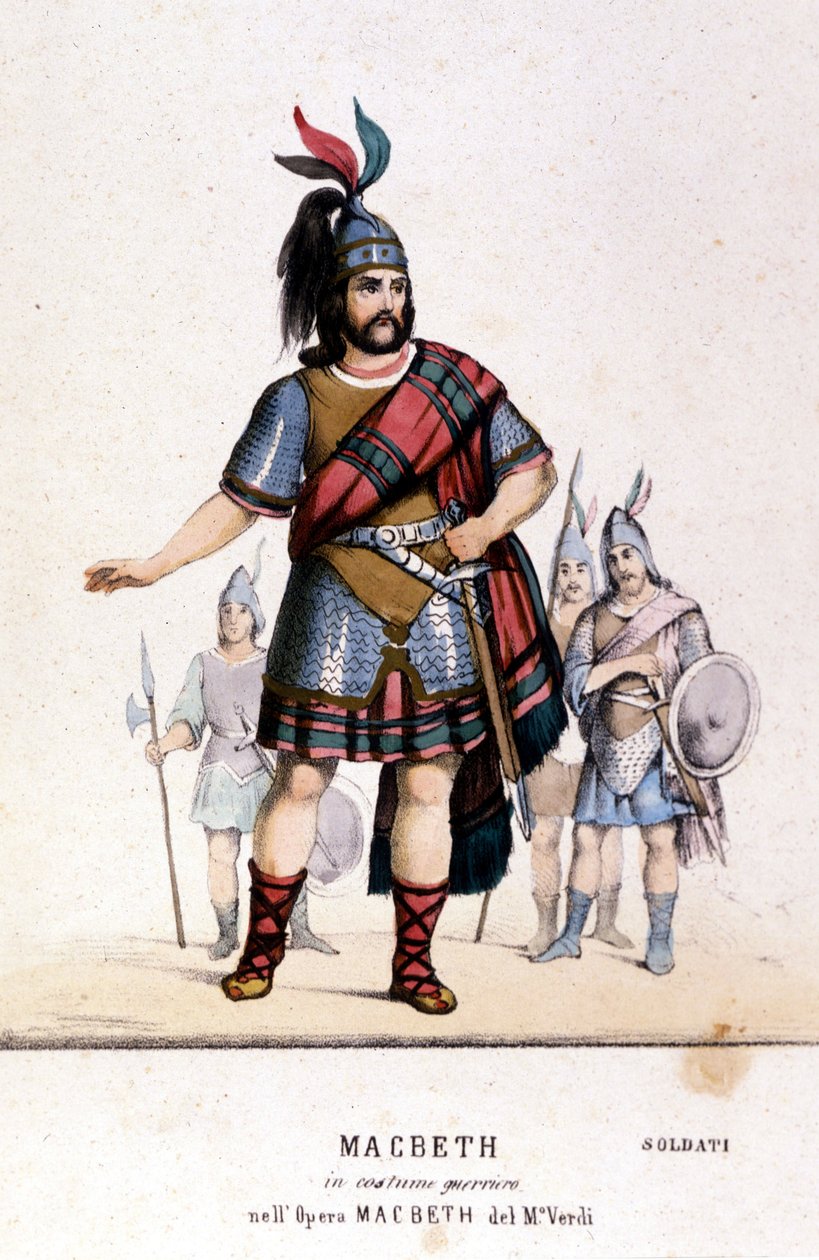 विलियम शेक्सपियर के काम के बाद ग्यूसेप वर्डी (1813 - 1901) द्वारा इसी नाम के ओपेरा में एक योद्धा पोशाक में मैकबेथ का चरित्र। 1847. उत्कीर्णन। द्वारा अज्ञात कलाकार