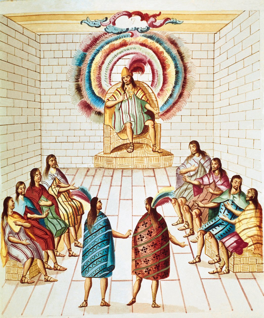 मोंटेज़ुमा (या मोक्टेज़ुमा II), एज़्टेक सम्राट (1466-1520) और उनकी परिषद जल रंग डिएगो गार्सिया पैन्स (1730-1811) मेक्सिको सिटी, नेशनल लाइब्रेरी द्वारा "टीट्रो डे ला नुएवा एस्पाना" से तैयार किया गया है। द्वारा अज्ञात कलाकार