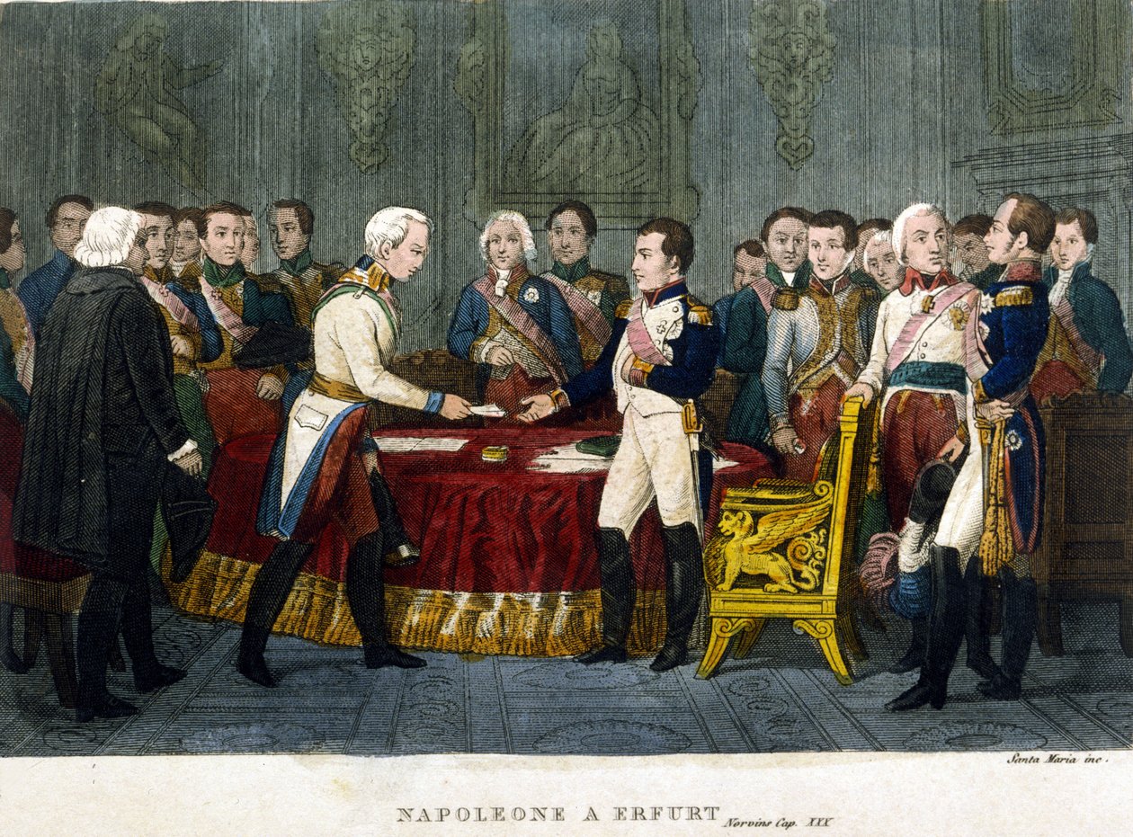 नेपोलियन प्रथम (1769 - 1821) 1808 में एरफर्ट में सिकंदर प्रथम से मिला। द्वारा अज्ञात कलाकार