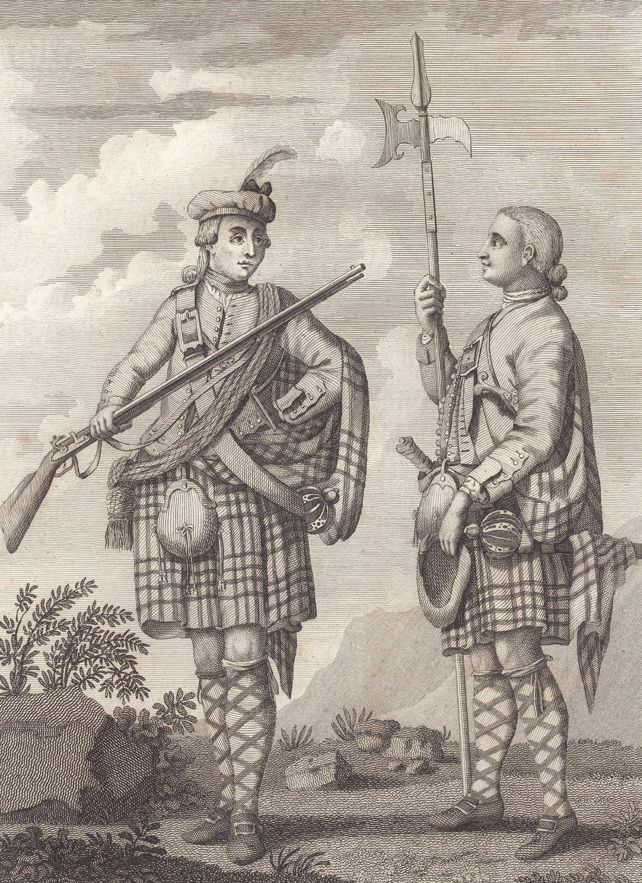 अधिकारी (बाएं) और 42वें हाइलैंडर्स के हवलदार- ब्लैक वॉच- c.1750 (उत्कीर्णन) द्वारा अज्ञात कलाकार