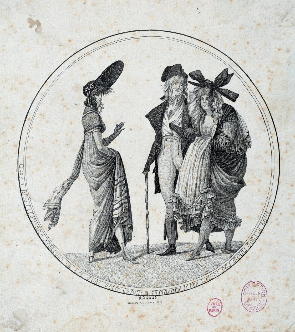 पेरिसियन फैशन: ""अद्भुत और अद्भुत"" 1795 पेरिस से उत्कीर्णन, मुसी कार्नावलेट द्वारा अज्ञात कलाकार