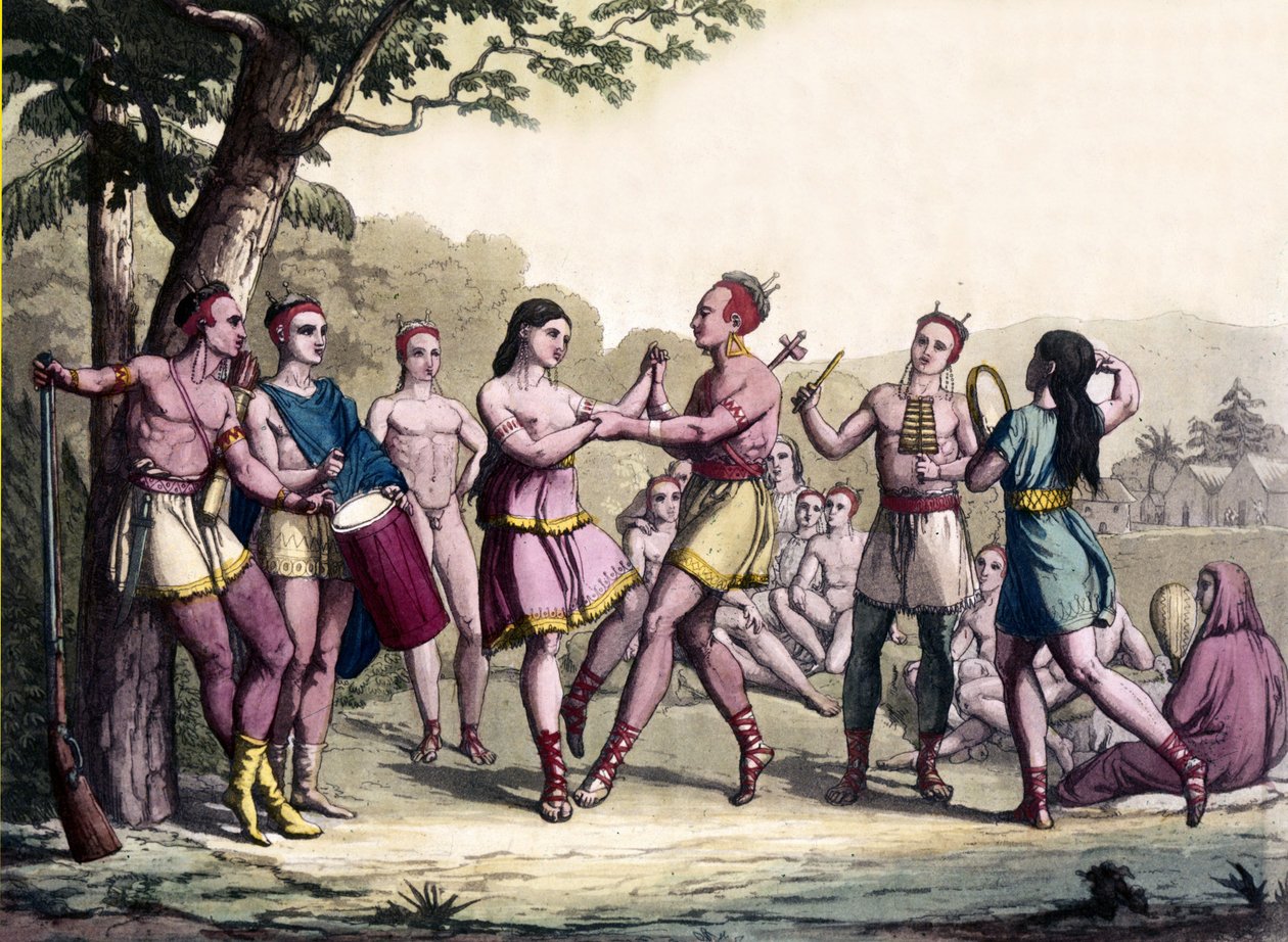Iroquois भारतीयों के बीच पार्टी दृश्य। 17 वीं शताब्दी की नक्काशी। द्वारा अज्ञात कलाकार